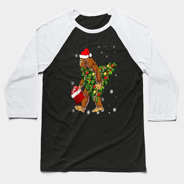 Bigfoot Carrying Christmas Tree Sasquatch Believer Pajama Baseball T-Shirt by Gadsengarland.Art